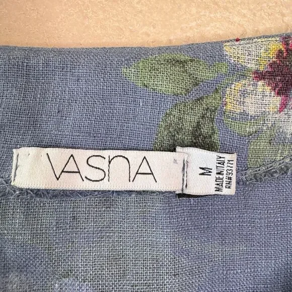 VASNA Lagenlook Linen Dress Blue Floral Made in Italy Oversized Pockets Boho M - Picture 2 of 13